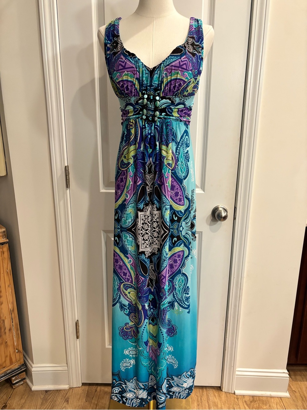 Bisou Bisou Michele Bohbot Women's Blue Purple Paisley Beaded Chiffon Maxi 8